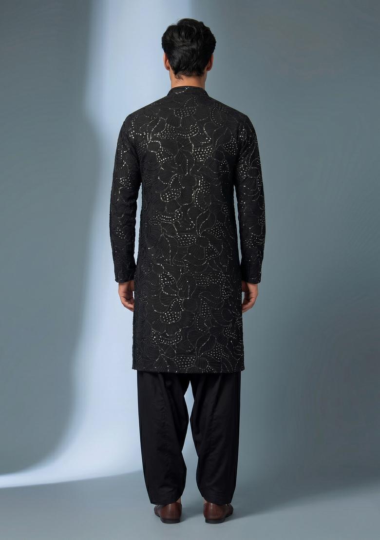 Black Mirror Work Viscose Kurta Set - Indya