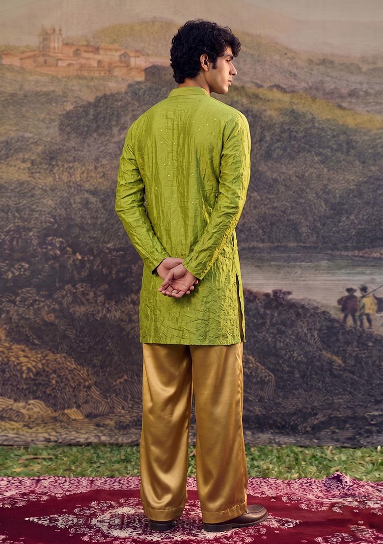 Green Embroidered Crepe Kurta Set - Indya