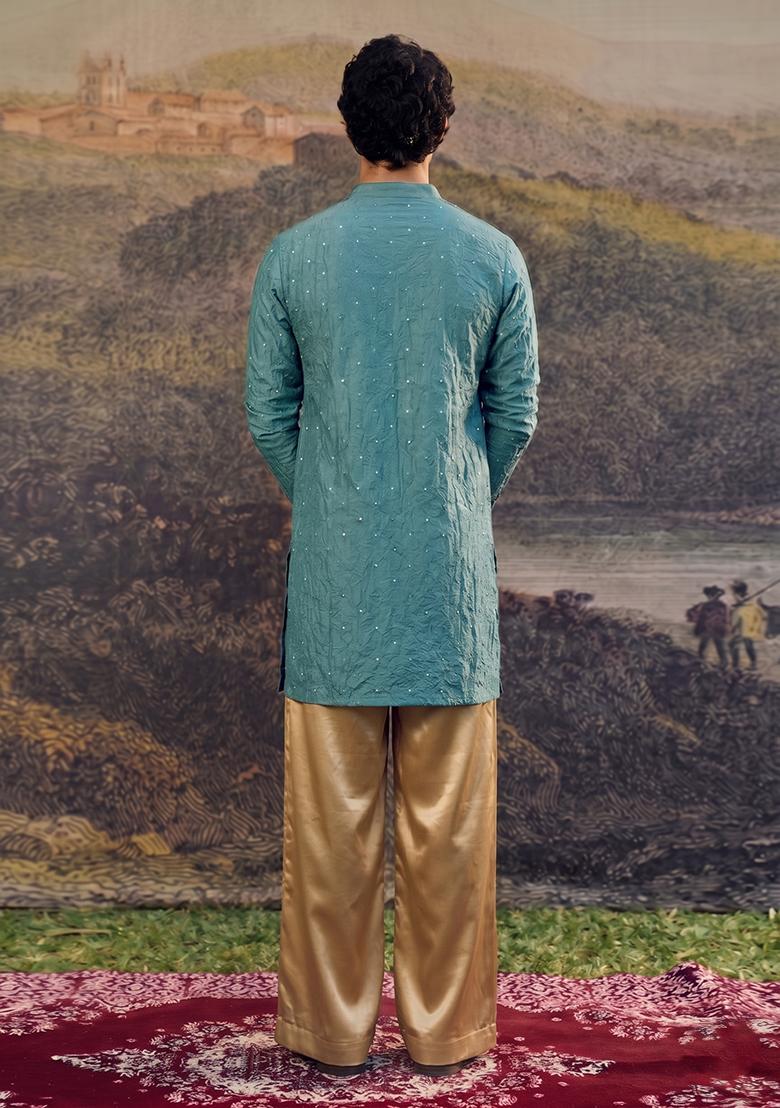 Deep Teal Embroidered Crepe Kurta Set - Indya