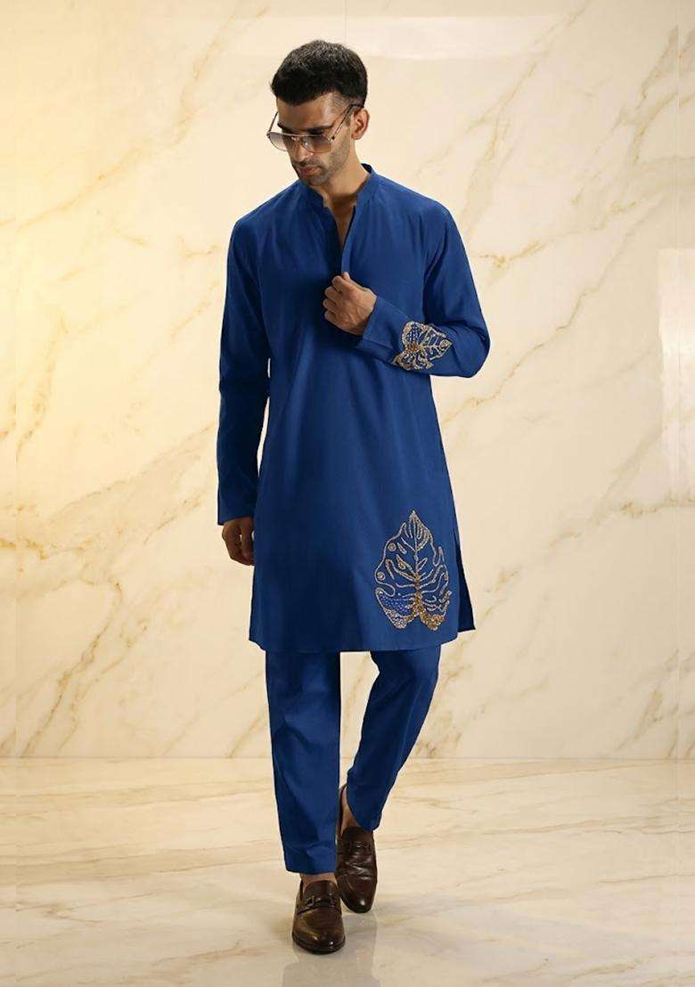 Navy Blue Satin Handwork Kurta Set - Indya
