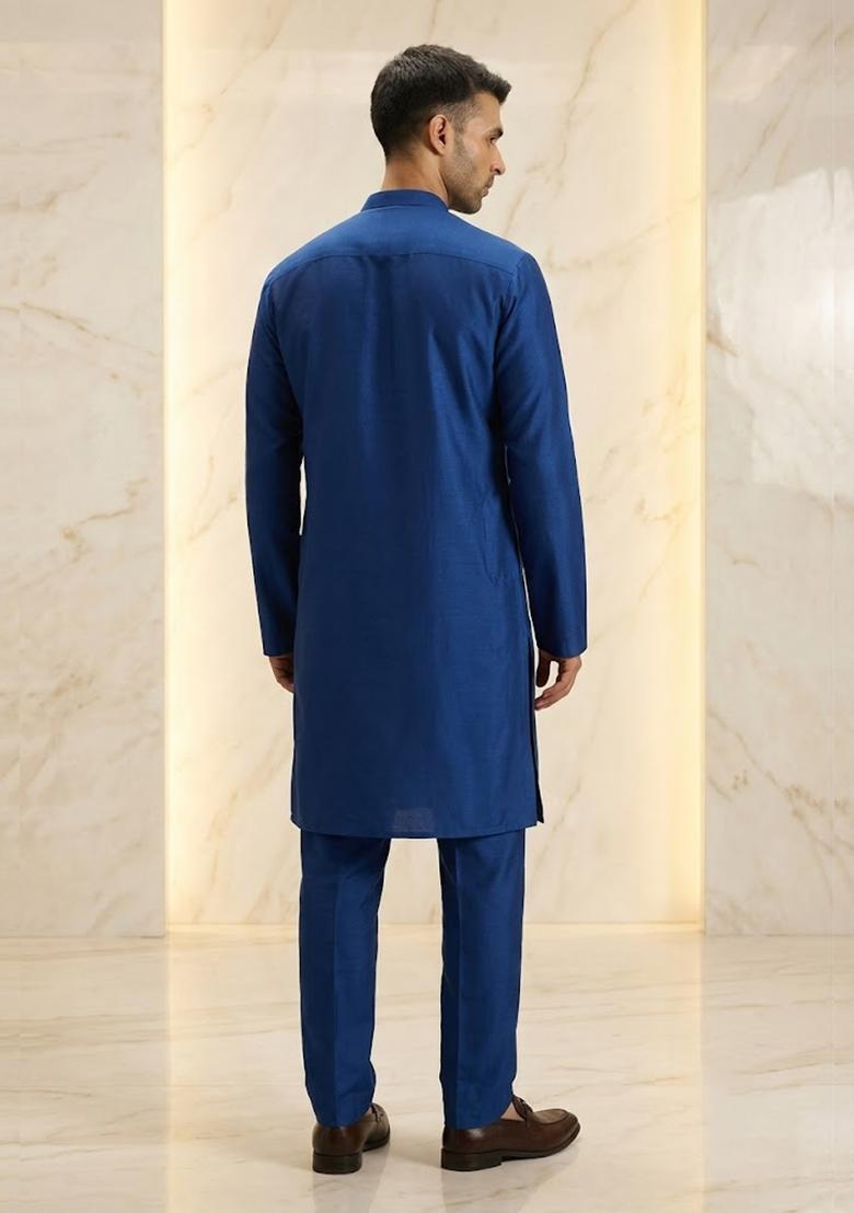 Navy Blue Satin Handwork Kurta Set - Indya