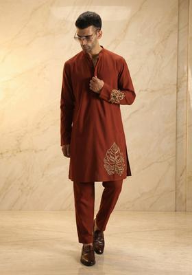 Brown Satin Handwork Kurta Set