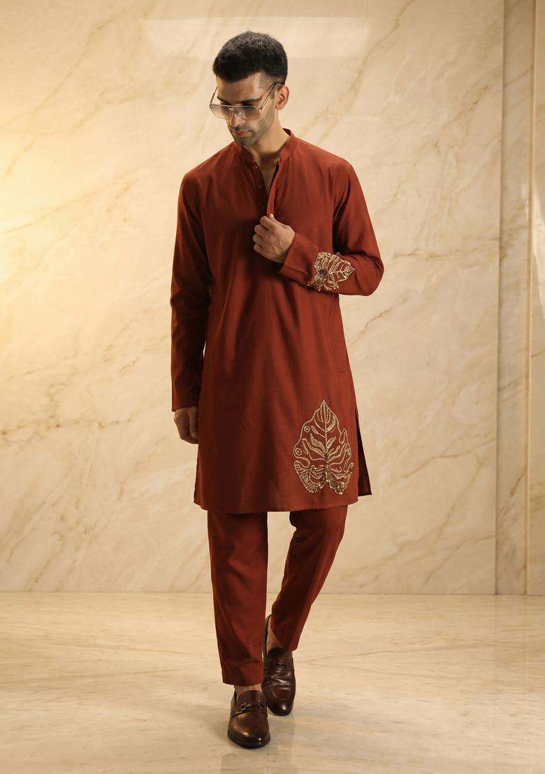 Brown Satin Handwork Kurta Set - Indya