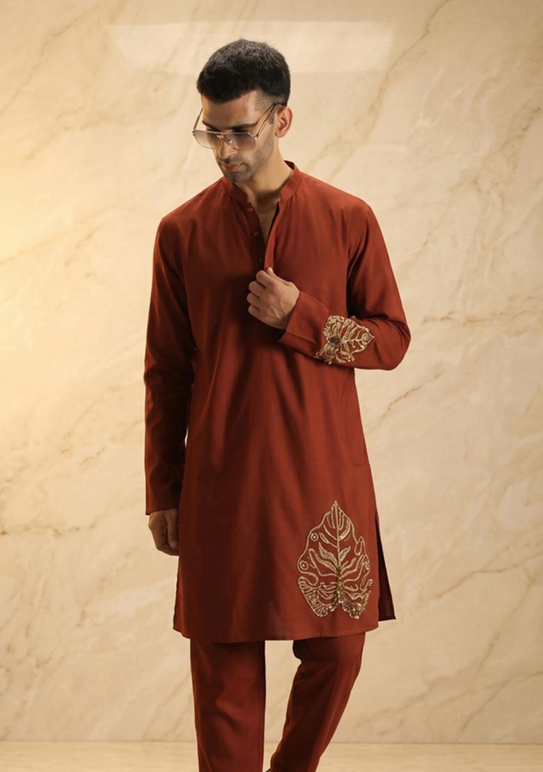 Brown Satin Handwork Kurta Set - Indya