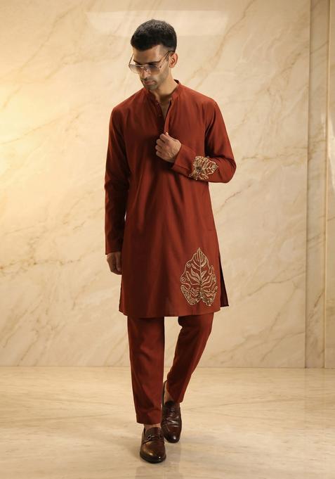 Brown Embroidered Handwork Kurta Set