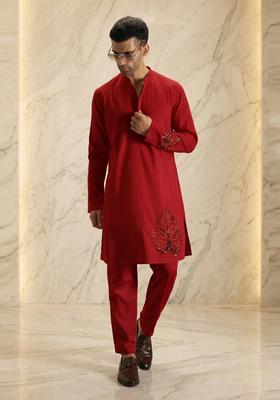 Crimson Red Satin Handwork Kurta Set