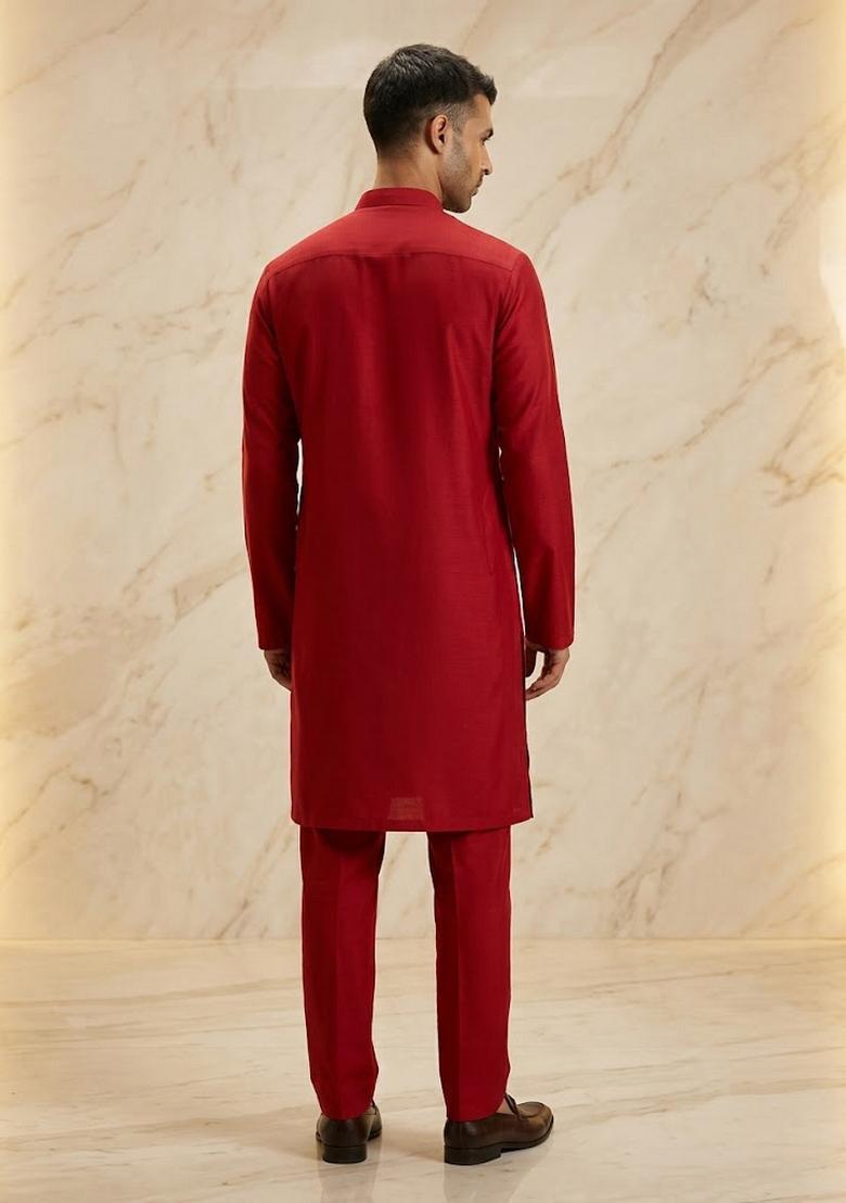 Crimson Red Satin Handwork Kurta Set - Indya