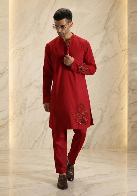 Crimson Red Embroidered Handwork Kurta Set