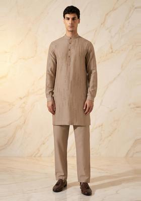 Beige Silk Blend Handwork Kurta Set