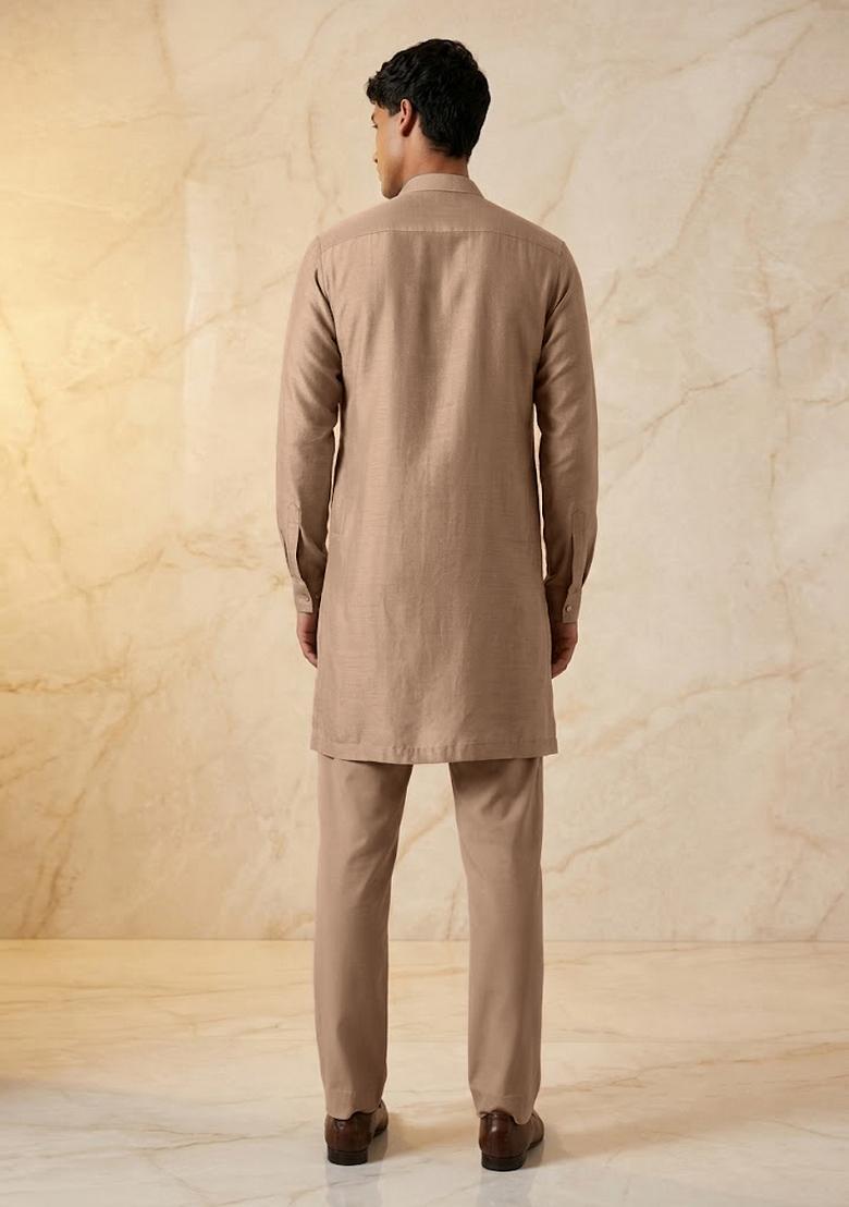 Beige Silk Blend Handwork Kurta Set - Indya