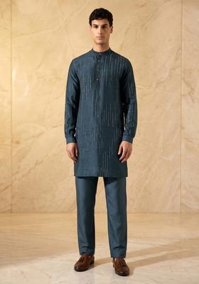 Dark Blue Silk Blend Handwork Kurta Set