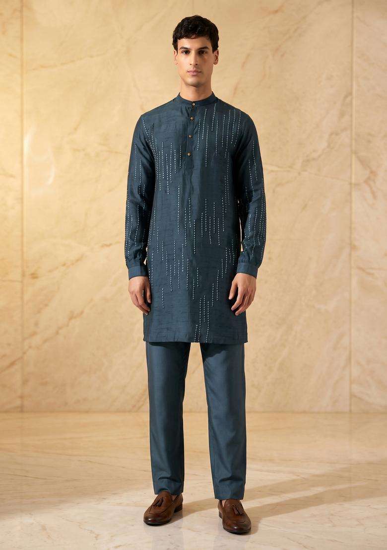 Dark Blue Silk Blend Handwork Kurta Set - Indya