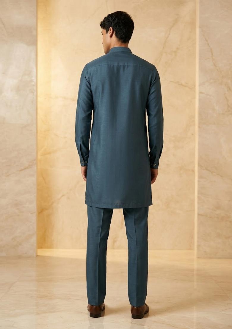 Dark Blue Silk Blend Handwork Kurta Set - Indya