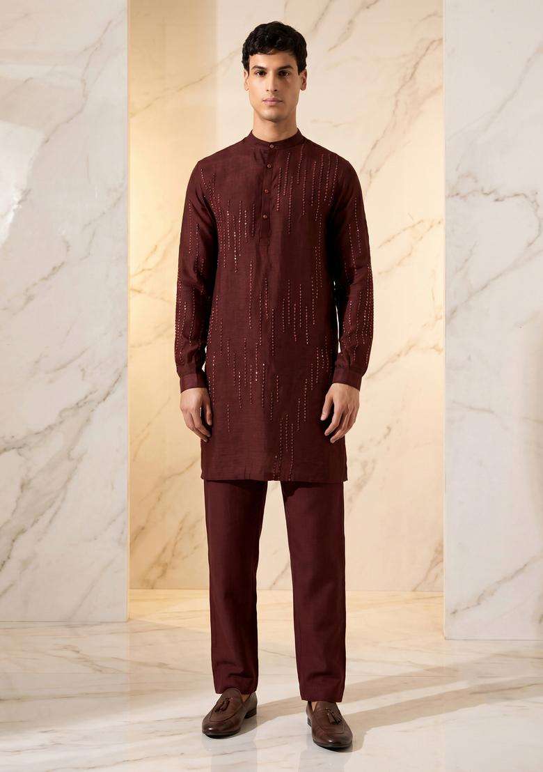 Maroon Silk Blend Handwork Kurta Set - Indya