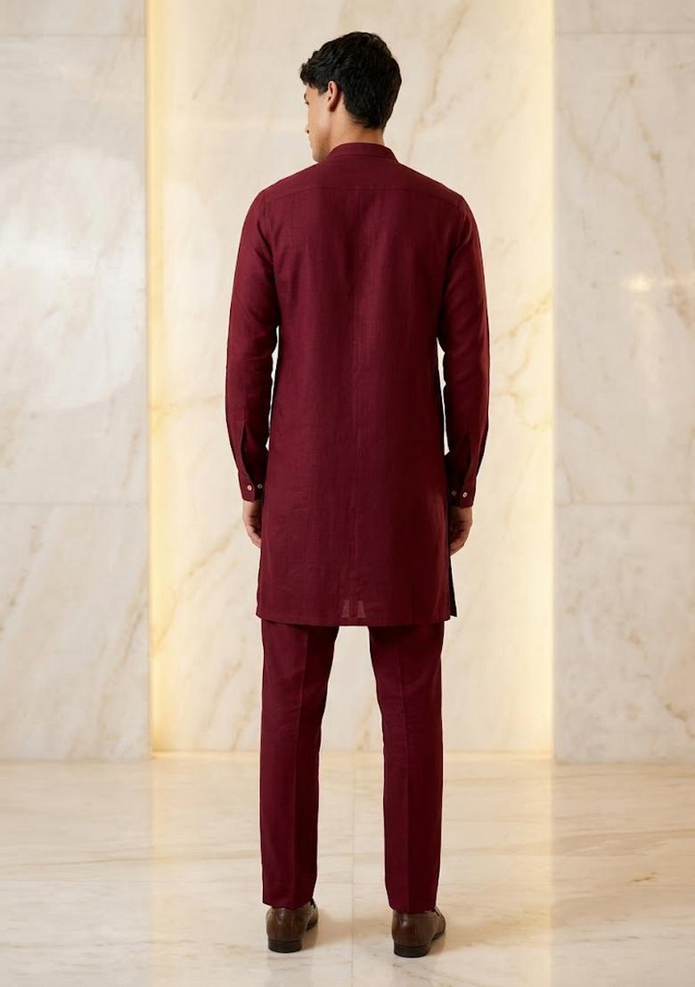 Maroon Silk Blend Handwork Kurta Set - Indya