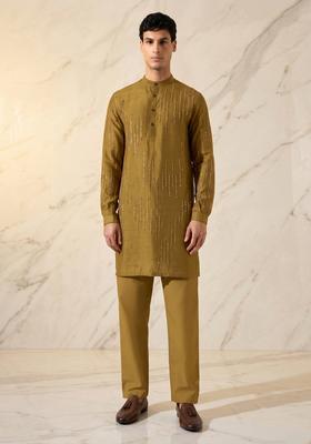 Mustard Silk Blend Handwork Kurta Set