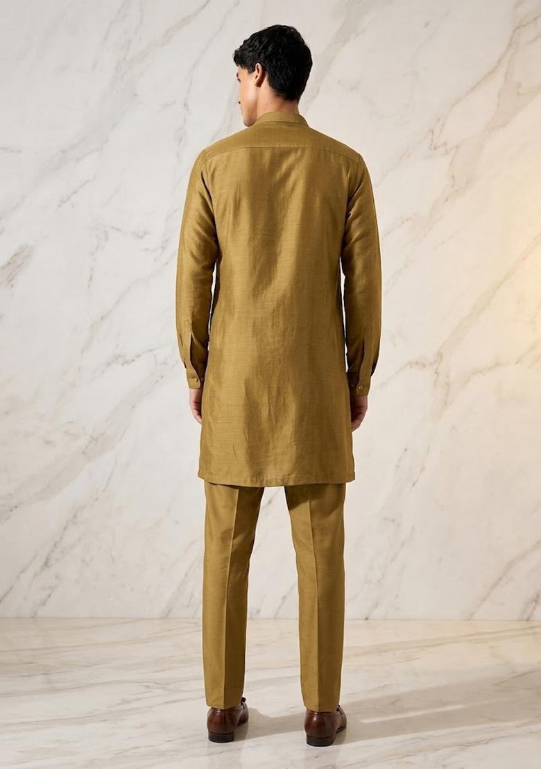 Mustard Silk Blend Handwork Kurta Set - Indya