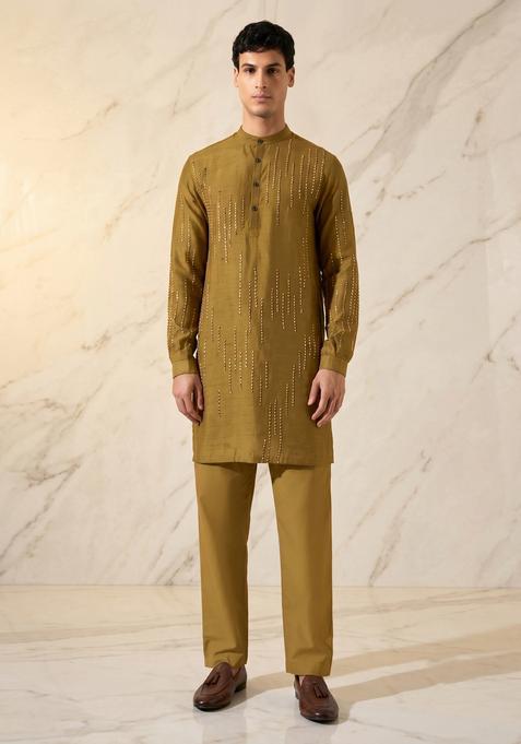 Mustard Embroidered Handwork Kurta Set