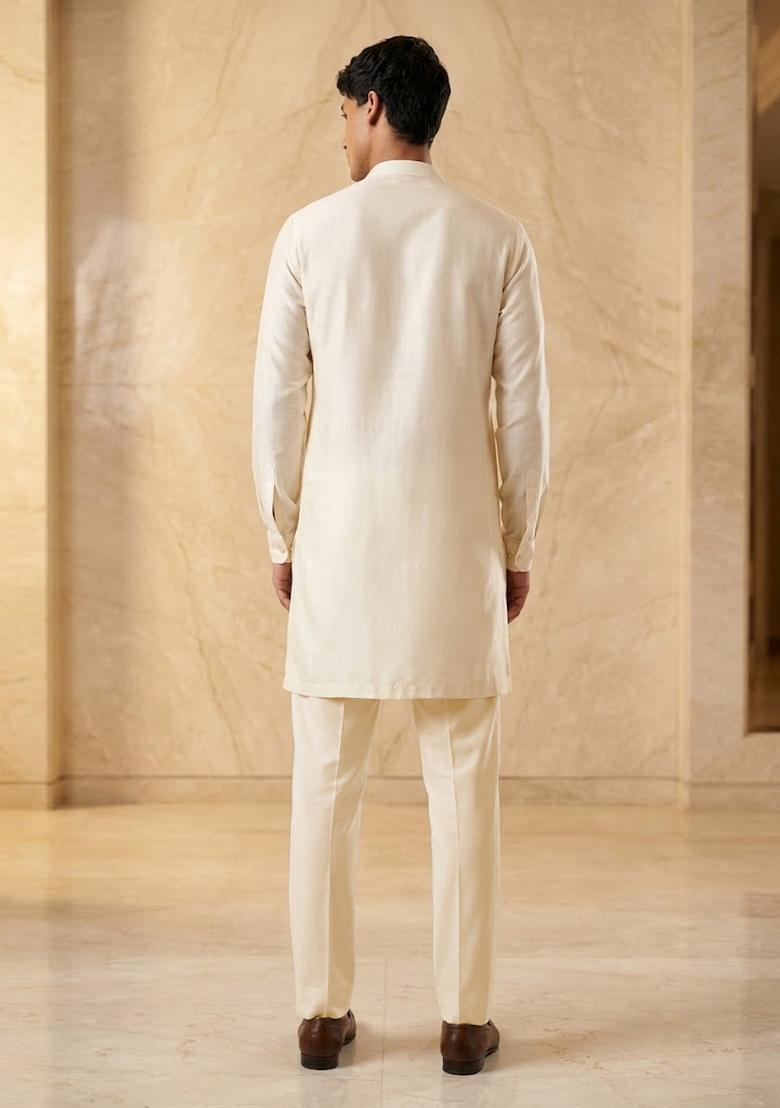 White Silk Blend Handwork Kurta Set - Indya