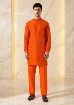 Orange Silk Blend Handwork Kurta Set
