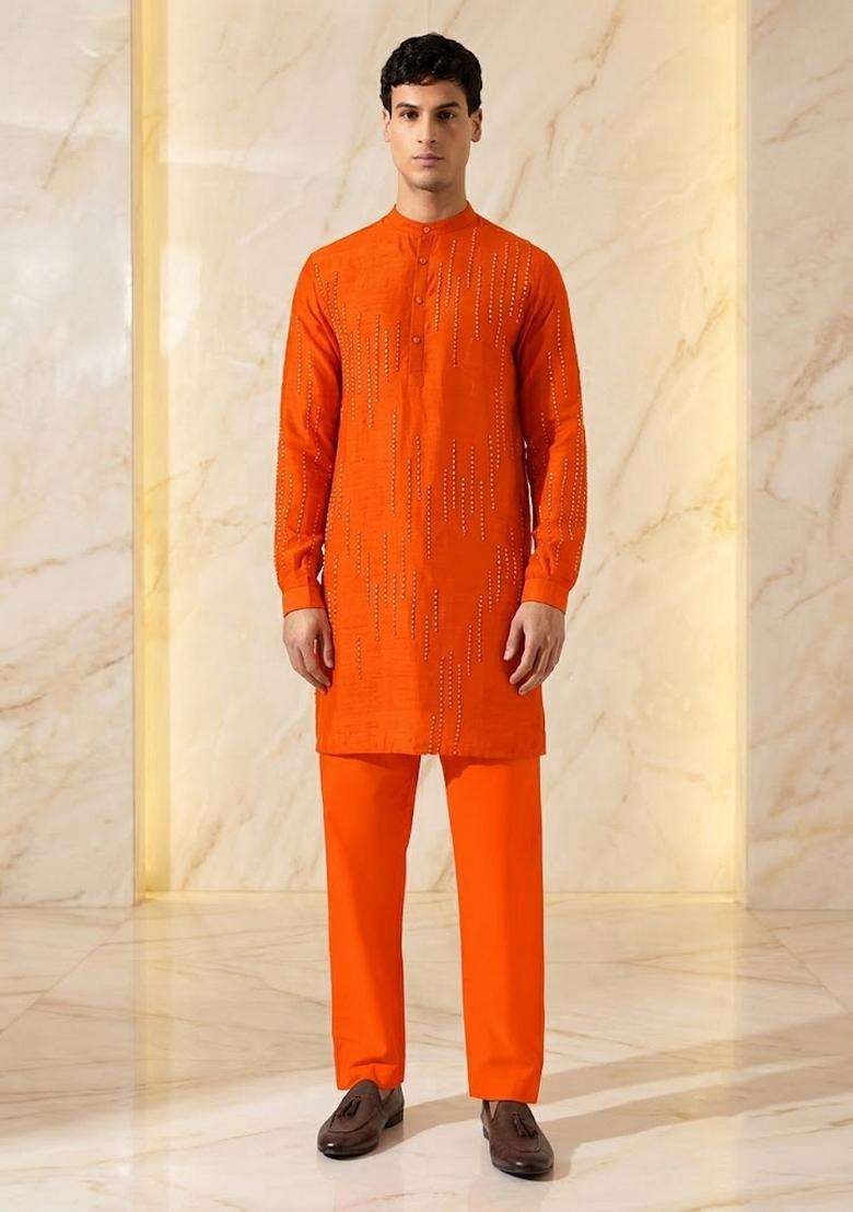 Orange Silk Blend Handwork Kurta Set - Indya