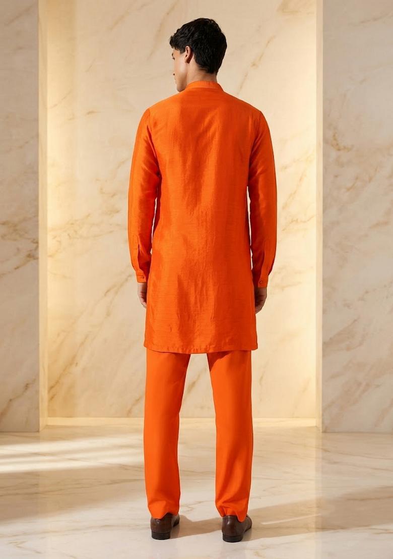 Orange Silk Blend Handwork Kurta Set - Indya