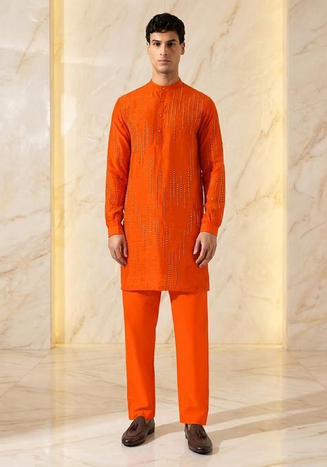 Orange Embroidered Handwork Kurta Set