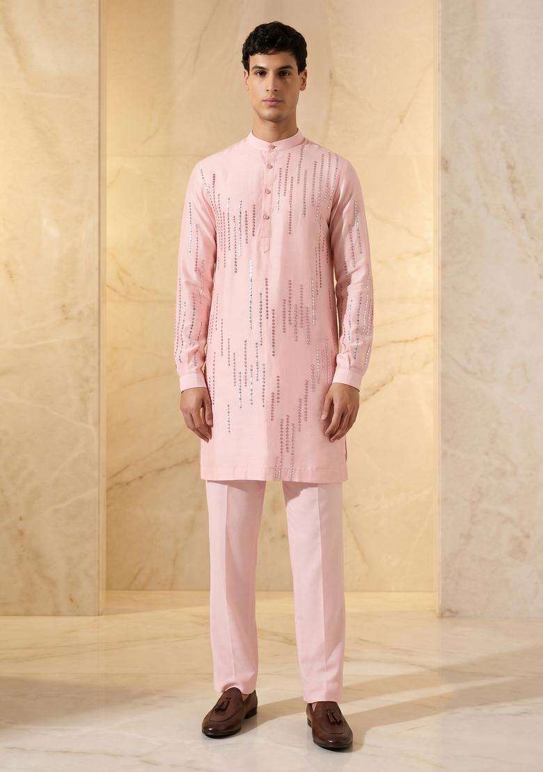Light Pink Silk Blend Handwork Kurta Set - Indya