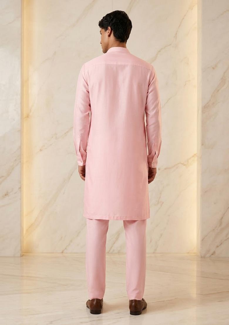 Light Pink Silk Blend Handwork Kurta Set - Indya