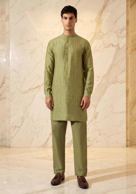 Olive Green Silk Blend Handwork Kurta Set