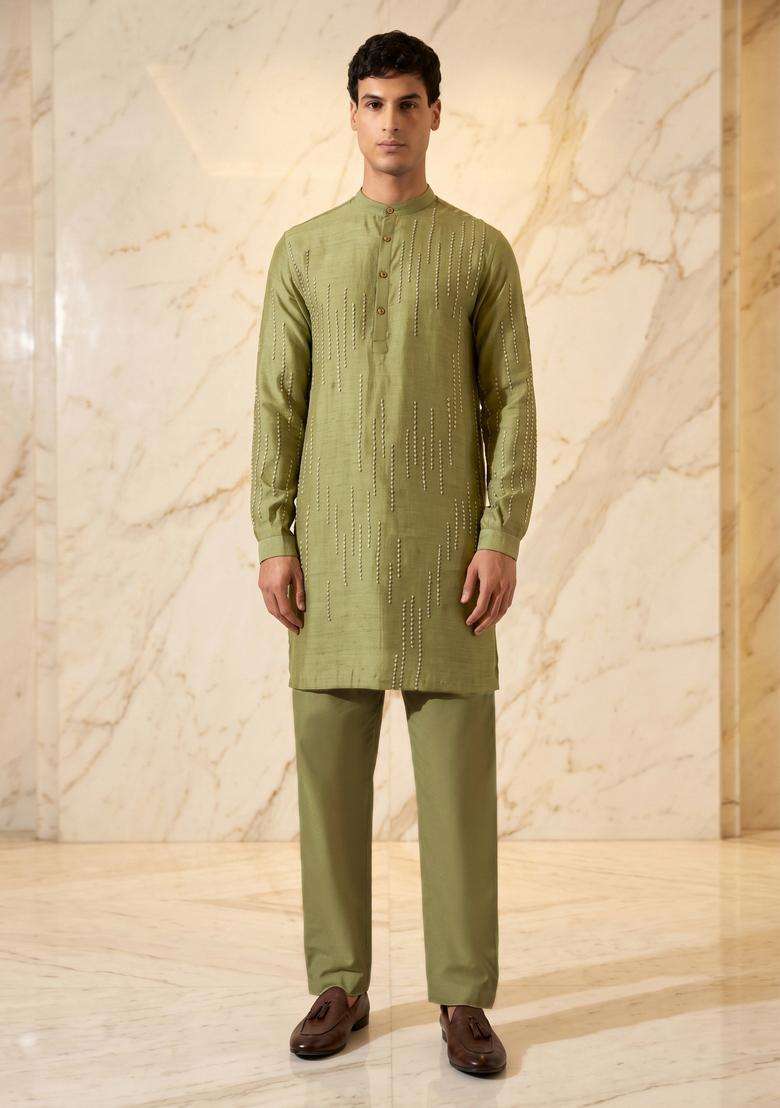 Olive Green Silk Blend Handwork Kurta Set - Indya