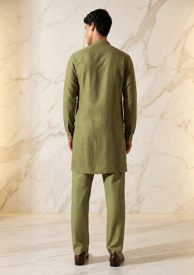 Olive Green Silk Blend Handwork Kurta Set - Indya