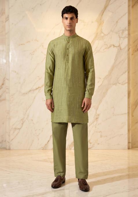 Olive Green Embroidered Handwork Kurta Set