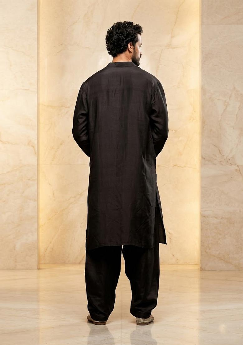 Black Satin Handwork Kurta Set - Indya