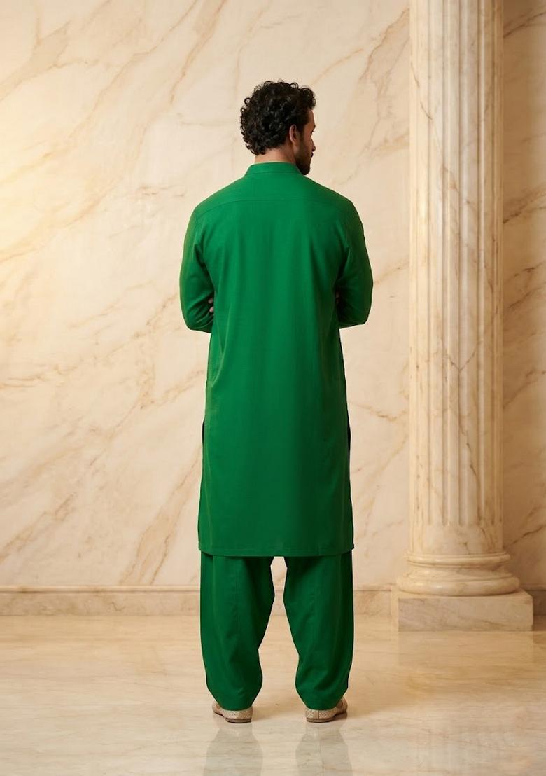 Dark Green Satin Handwork Kurta Set - Indya