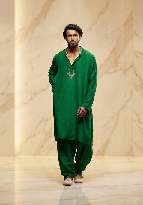 Dark Green Embroidered Handwork Kurta Set