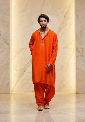Orange Satin Handwork Kurta Set