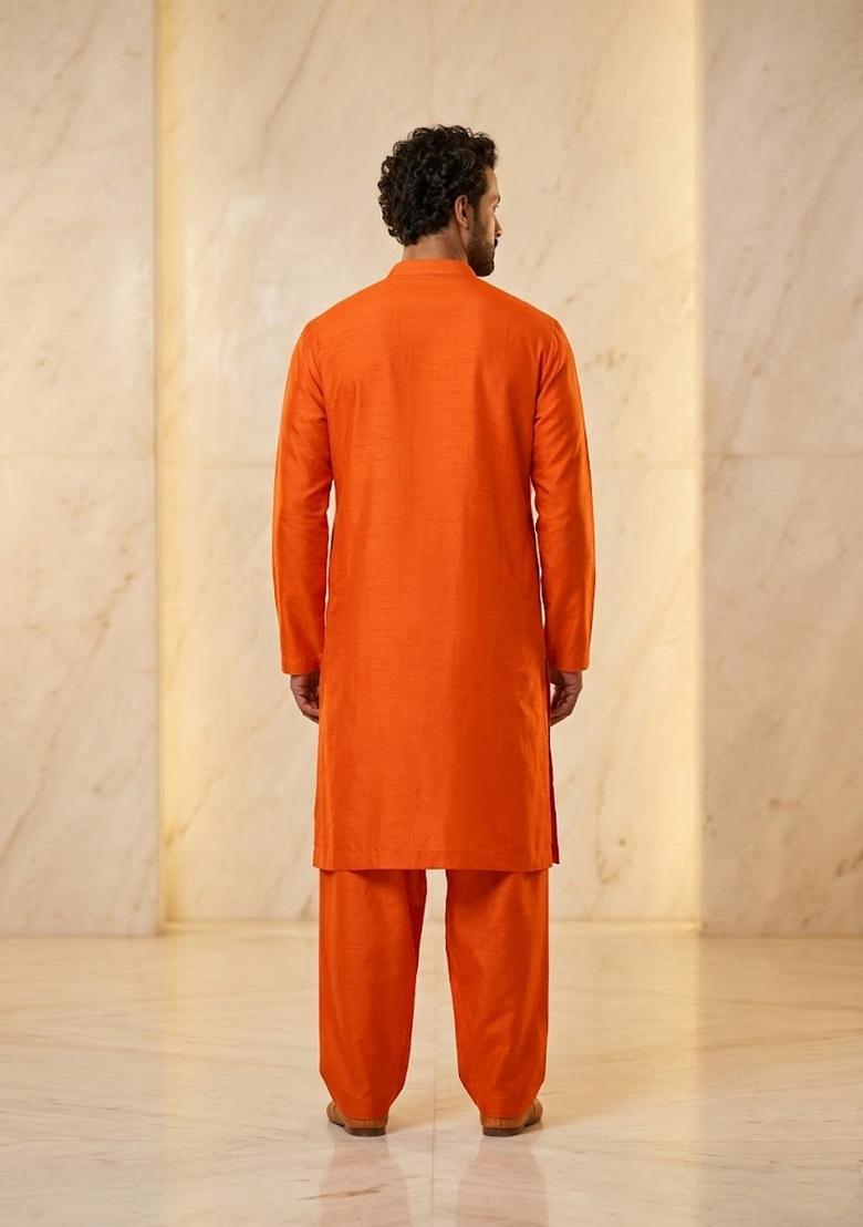 Orange Satin Handwork Kurta Set - Indya