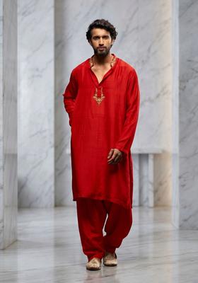Red Satin Handwork Kurta Set