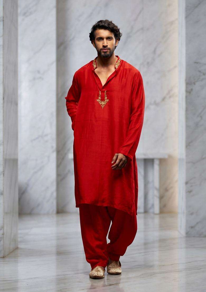 Red Satin Handwork Kurta Set - Indya