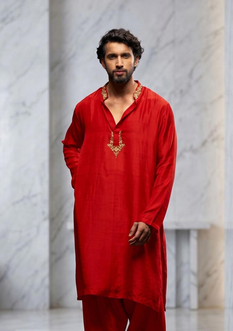 Red Satin Handwork Kurta Set - Indya