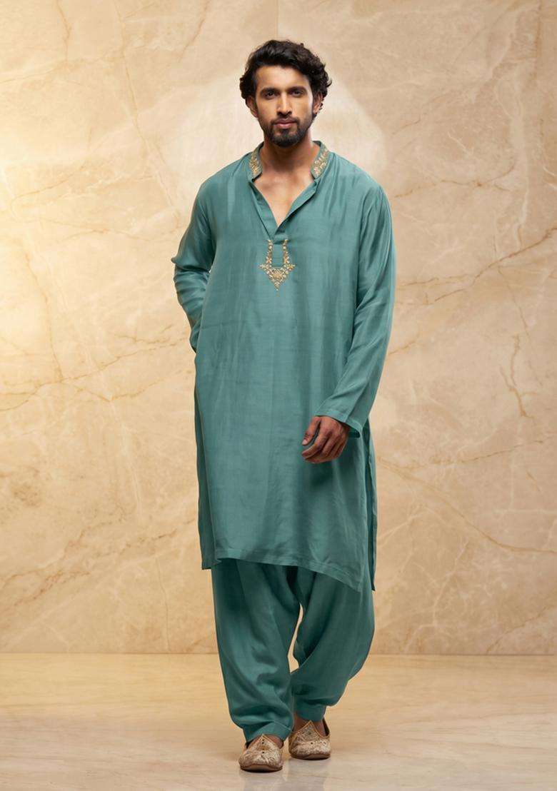 Pastel Blue Satin Handwork Kurta Set - Indya