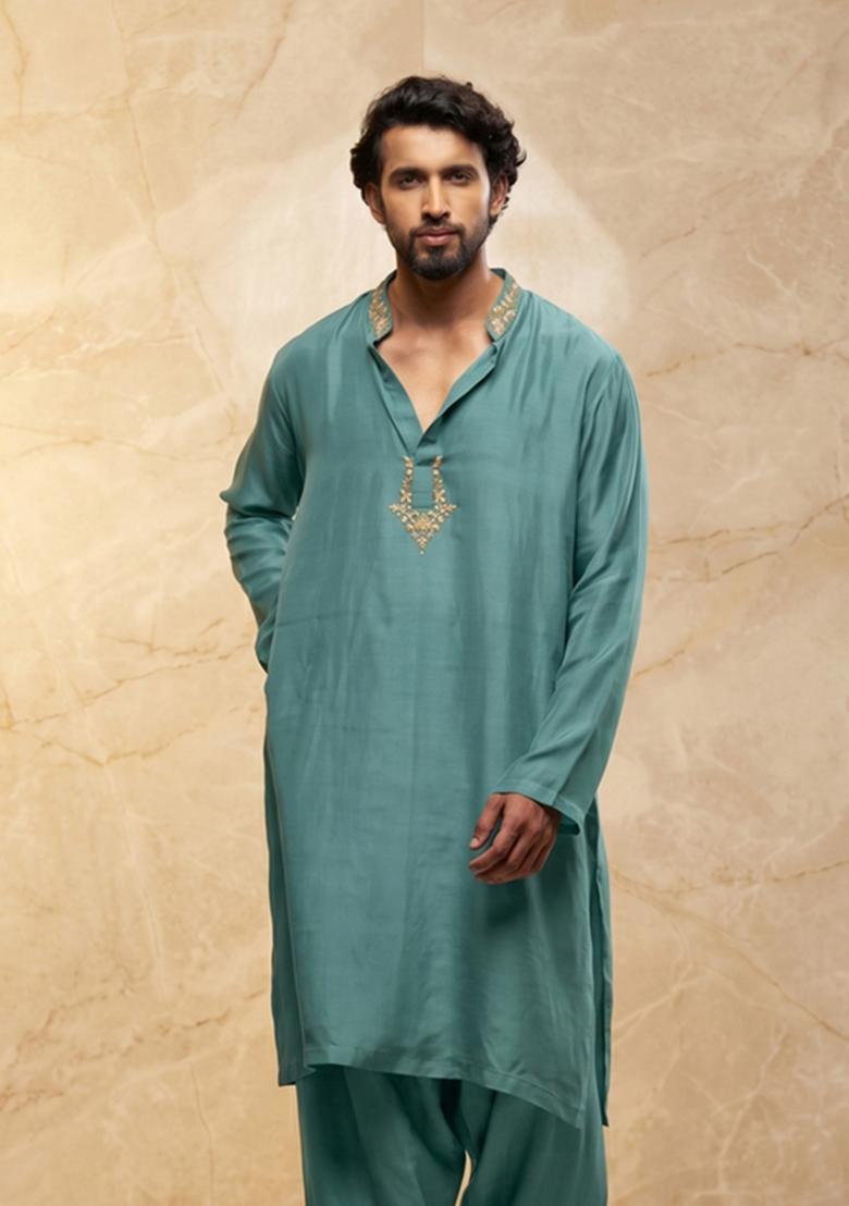 Pastel Blue Satin Handwork Kurta Set - Indya