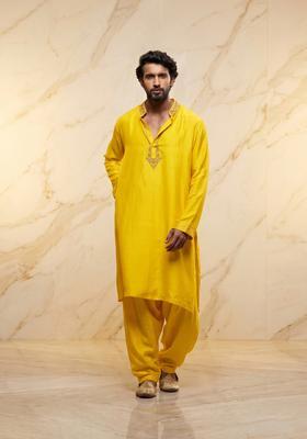 Yellow Satin Handwork Kurta Set