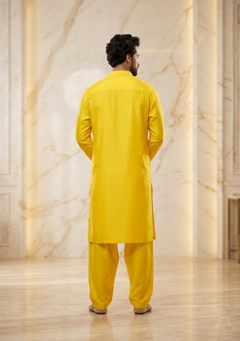 Yellow Satin Handwork Kurta Set - Indya