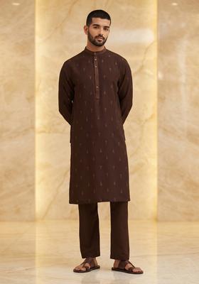 Brown Silk Blend Handwork Kurta Set