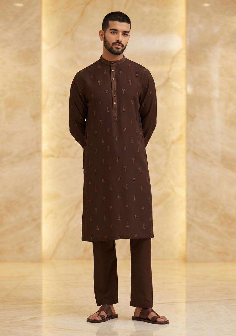Brown Silk Blend Handwork Kurta Set - Indya