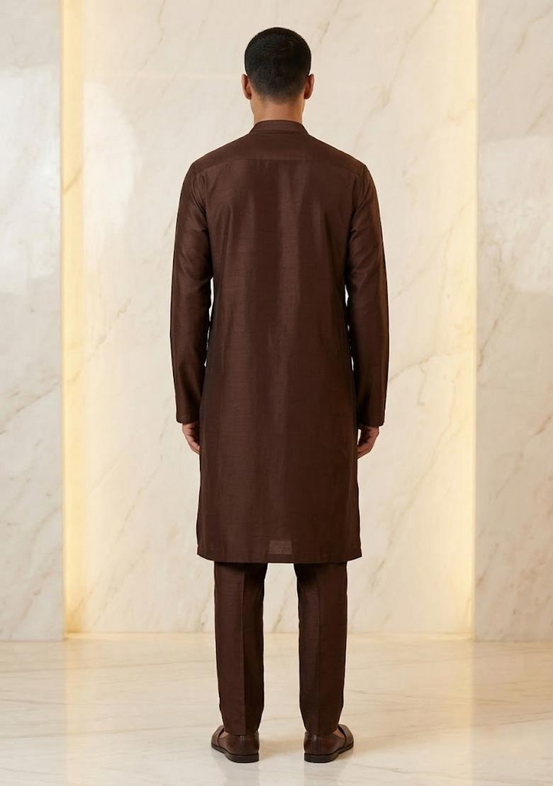 Brown Silk Blend Handwork Kurta Set - Indya
