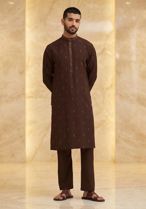 Brown Embroidered Handwork Kurta Set