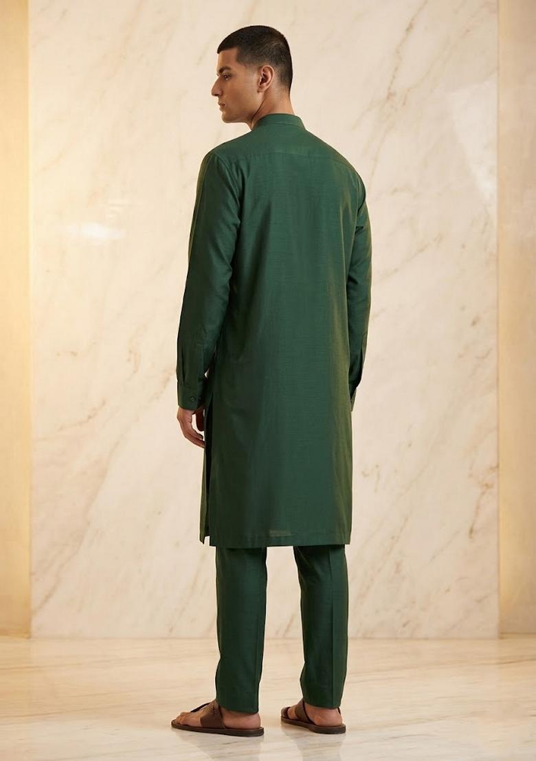 Forest Green Silk Blend Handwork Kurta Set - Indya